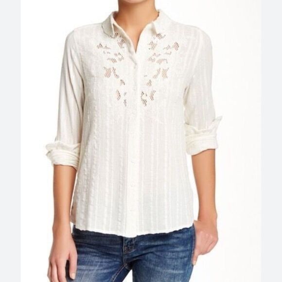 Free People Carter Bobby embroidered lace detail ivory cotton blouse size med - Picture 1 of 9